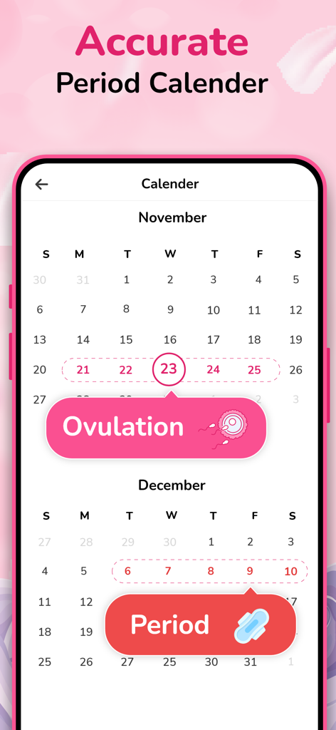 Monthly calendar interface of a period and ovulation tracker app showing menstrual and fertile days.