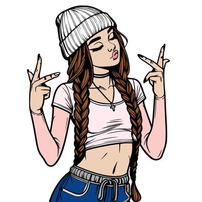 realistic teenage girl with braids and a beanie and crop top doing 🫶🏼
