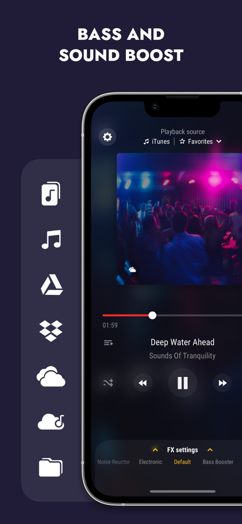 Aplicación Volume Booster que muestra la reproducción de música y la configuración de mejora de graves en un iPhone