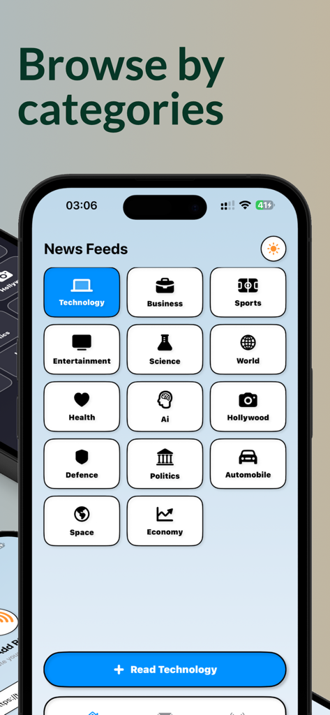 Briefly - RSS reader and news - The Briefly app screen showing various news categories like Technology, Business, and Sports in a grid layout.