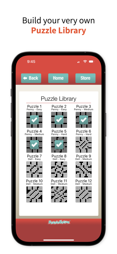 Penny Dell Daily Crossword - Penny Dell Daily Crossword app showing a puzzle library with easy medium and hard levels