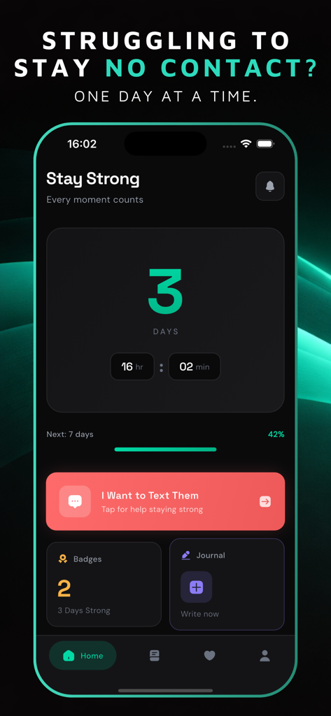 No Contact: HealDays - Interfaccia dell'app No Contact HealDays che mostra una serie positiva di tre giorni e un pulsante per resistere allo scrivere a un ex