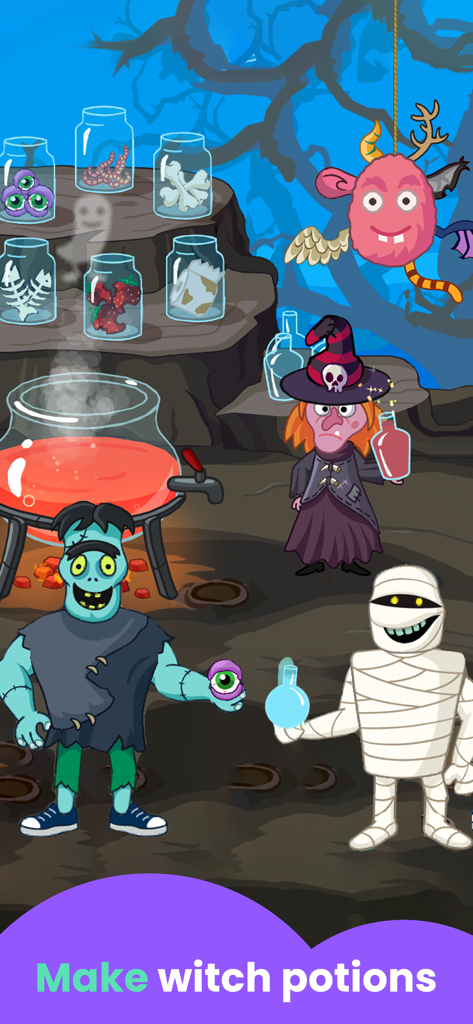 Fantasy World: Halloween Games - Cartoon monsters including Frankenstein and a mummy making potions in a magical laboratory.
