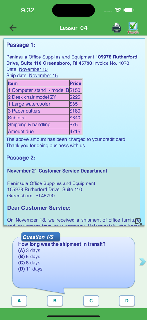 English Reading + - English reading comprehension test screen with business invoice passage and multiple choice question