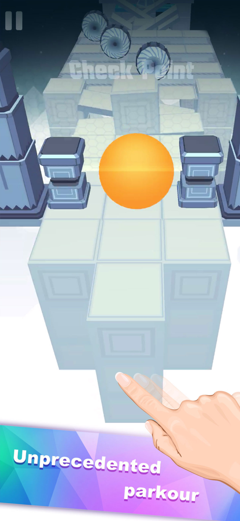 Rolling Sky - Una bola naranja rodando por una pista de obstáculos 3D con una mano demostrando los controles de deslizamiento en Rolling Sky.