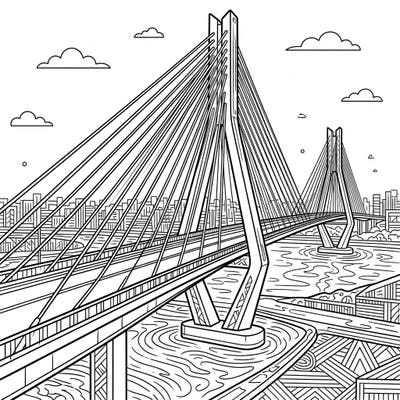Embark on an architectural adventure with this intricate cable-stayed bridge coloring page. Explore the beauty of modern engineering as you bring this iconic structure to life.