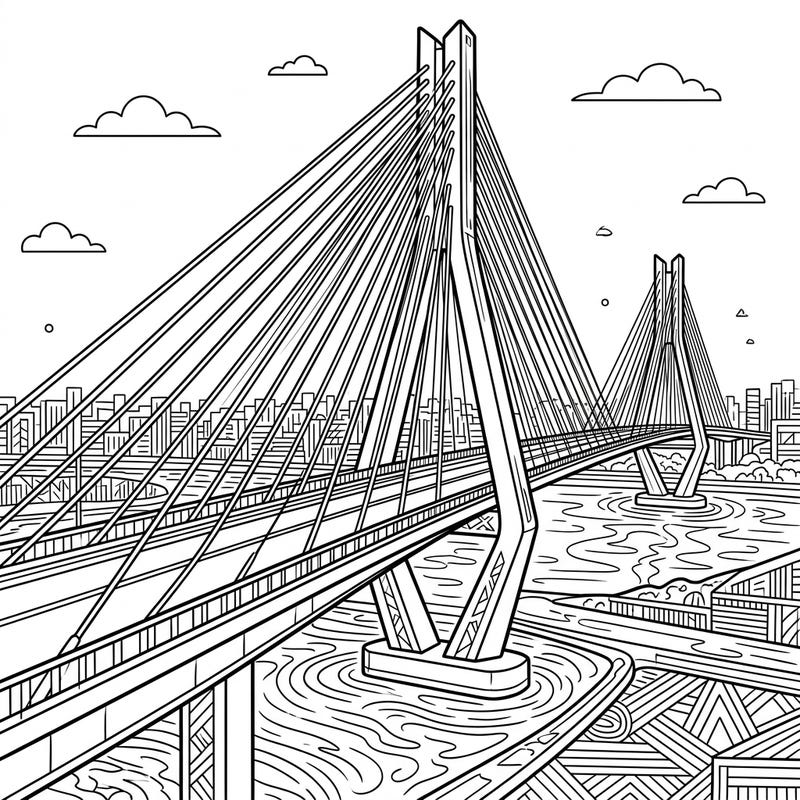 Embark on an architectural adventure with this intricate cable-stayed bridge coloring page. Explore the beauty of modern engineering as you bring this iconic structure to life.