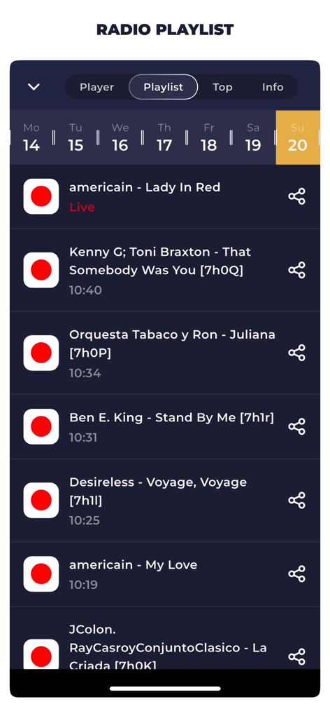 Radio station playlist showing song titles and air times in the Radio Haiti app