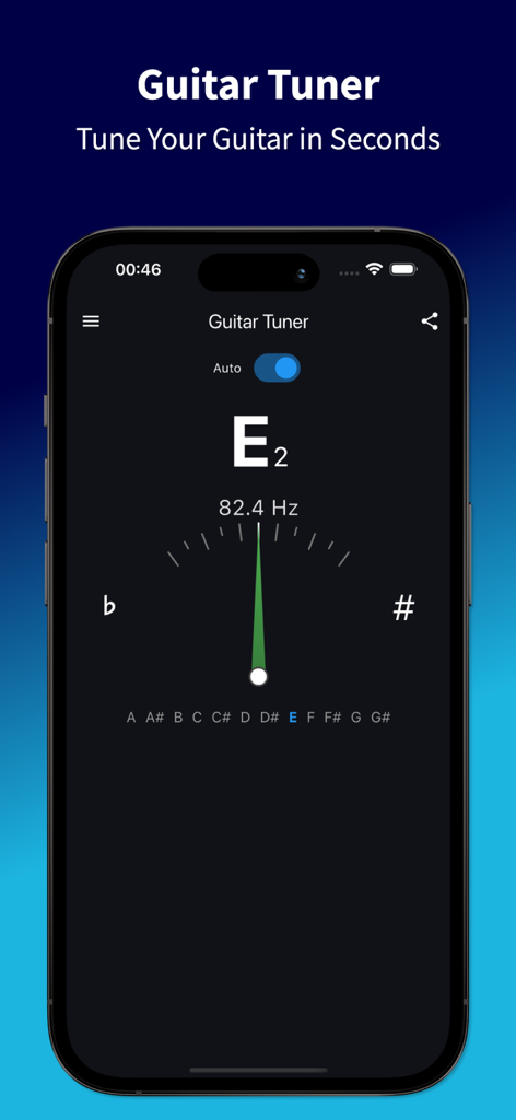 Guitar Tuner Online - Interfaz de la aplicación Guitar Tuner Online que muestra un afinador digital de precisión con detección automática de notas