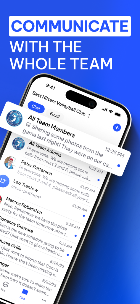 TeamLinkt - Sports Team App - TeamLinkt app interface showing group and direct chat messages for a sports team