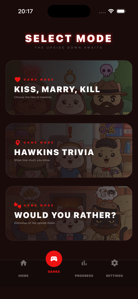 Stranger Things Quiz & Trivia - Spielmodus-Auswahlbildschirm mit Hawkins Trivia und Würdest du lieber mit niedlichen Cartoon-Katzencharakteren.