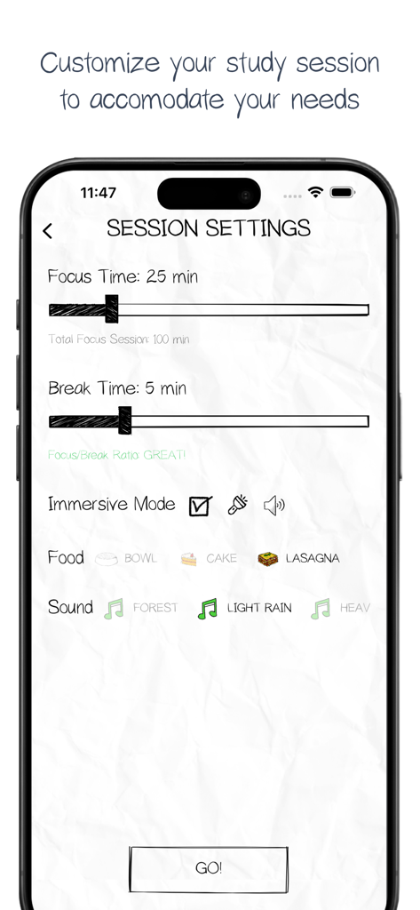 Fatty Cat! - Study Companion - Pantalla de configuración de sesión de estudio de Fatty Cat para personalizar los tiempos de enfoque y descanso con opciones de sonido ambiental