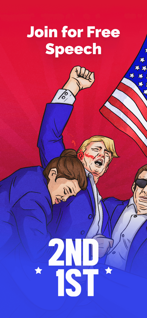 Patriotische Illustration mit Donald Trump, der für die 2nd1st-App zur freien Meinungsäußerung wirbt