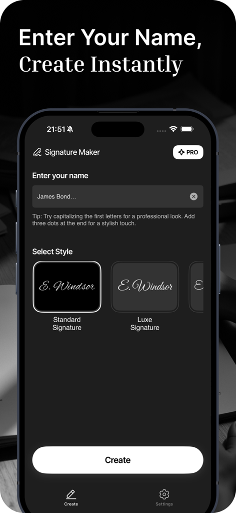 Pantalla de la aplicación móvil mostrando la interfaz del creador de firmas con un campo de entrada para el nombre y diferentes opciones de estilo de firma como Estándar y Luxe.