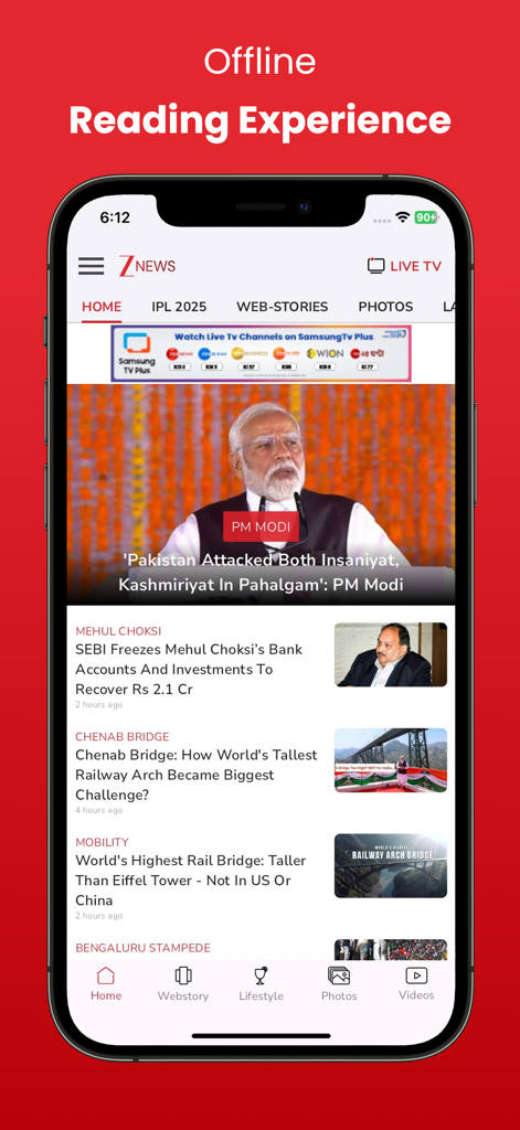 Zee News Live - Zee News Live app interface showing Indian news headlines and the offline reading feature