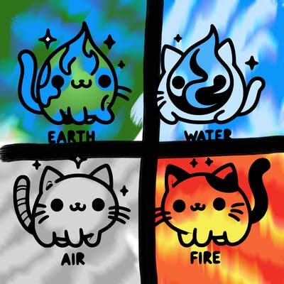 4 cats that represent the different elements, earth, water, air, and fire