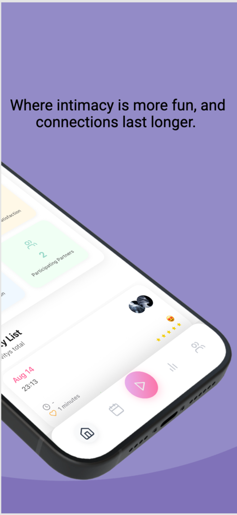 IntiMates: Sex Tracker - Interfaz de la aplicación IntiMates sex tracker que muestra un registro de actividad y funciones de seguimiento de pareja en un iPhone.