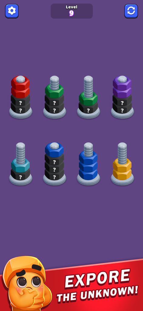 Gameplay screenshot of Nuts Sort Master showing colorful nuts and bolts with hidden black pieces labeled with question marks.