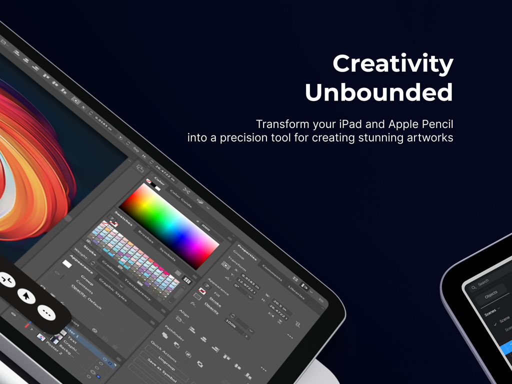 Holo.Pen: Virtual Tablet - Un iPad mostrando una interfaz de software de diseño de escritorio profesional utilizando la aplicación Holo.Pen