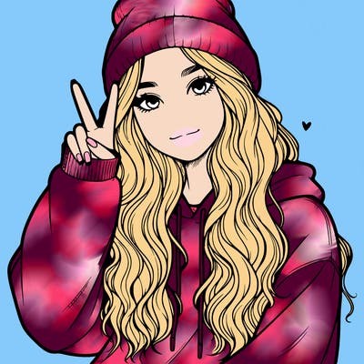 a teenage girl in a beanie, oversized sweatshirt, wavy long hair, and is showing a ✌️