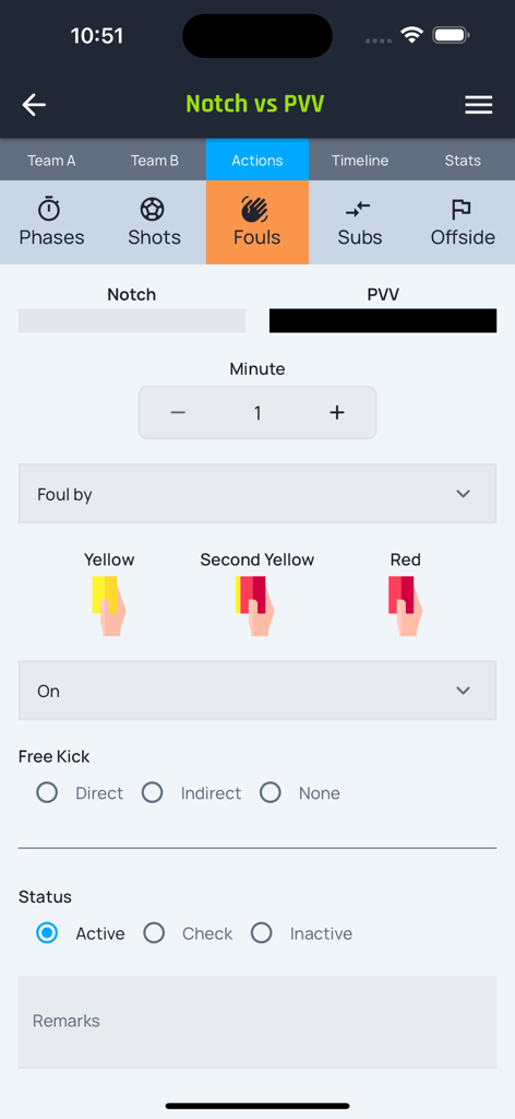 SML Manager - Interface of SML Manager app for recording soccer match fouls and penalties