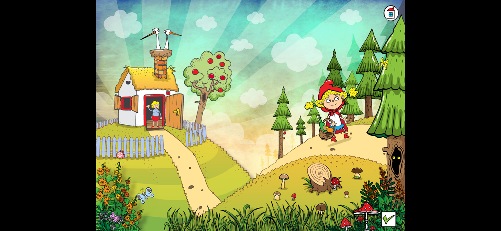 Červená Karkulka - Rotkäppchen geht durch einen Wald zu einem kleinen Haus in einem handgezeichneten Illustrationsstil.