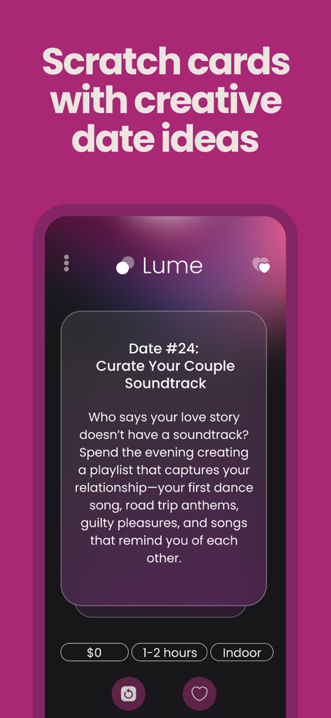 Valentines Day Games for Two - Lume app interface showing a scratch card with a date idea to curate a couple soundtrack