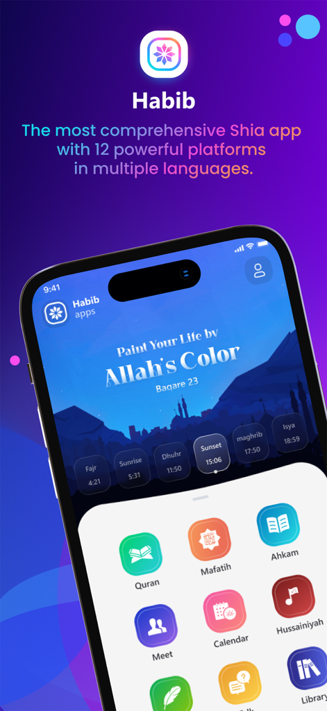 Habib | Shia Ai Quran Dua Azan - Habib app interface showing prayer times and Islamic service icons including Quran and Mafatih