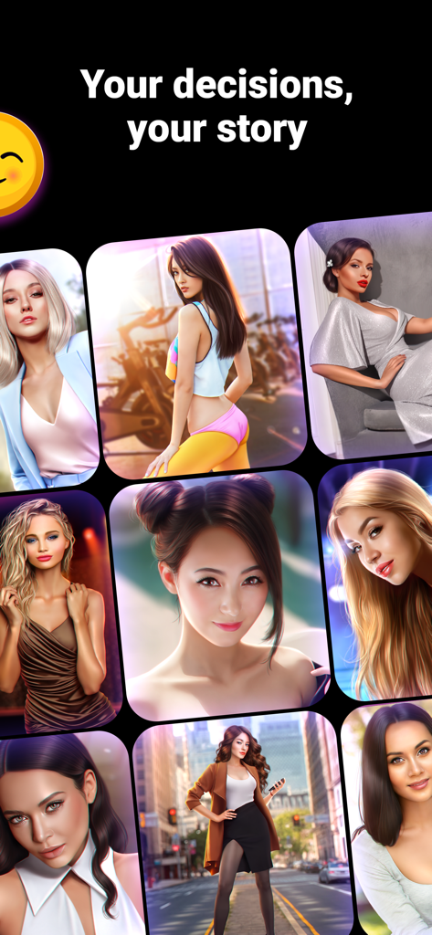 Loverz: Virtual love stories - Grid of attractive virtual characters from Loverz romance simulation game