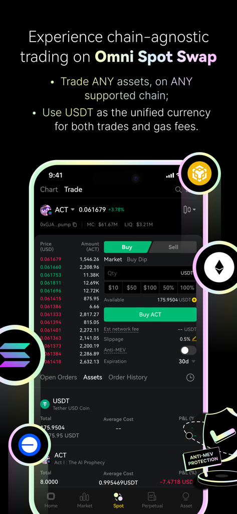 ApeX Protocol mobile app interface for Omni Spot Swap showing multi-chain crypto trading features