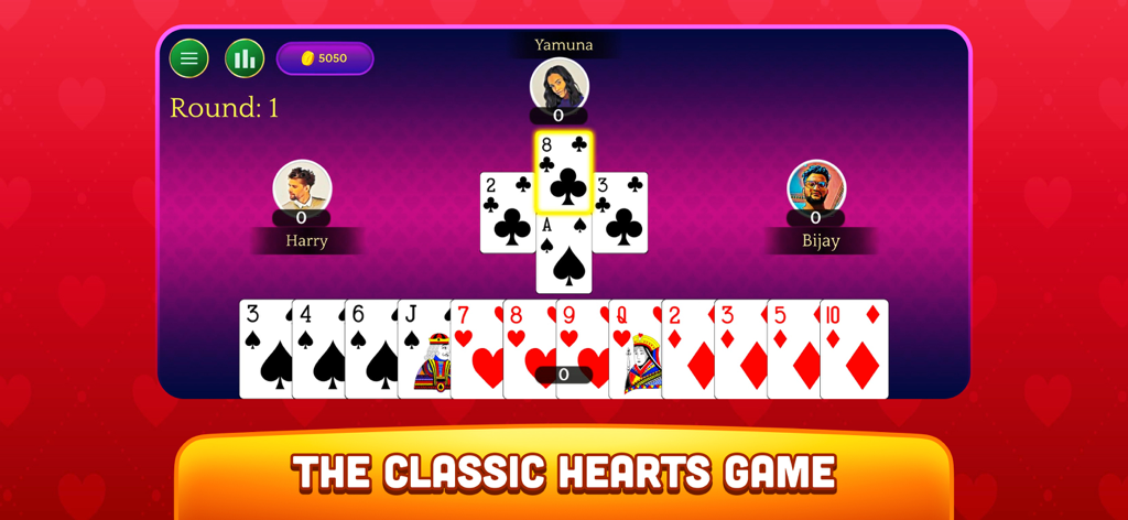 Hearts - Offline Card Game - A digital interface of a classic Hearts card game showing a match in progress with four players