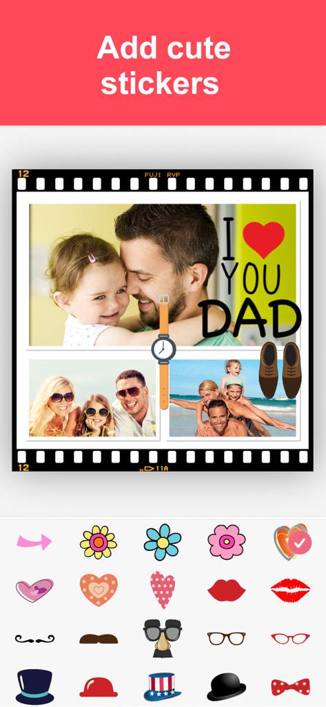 Interface de l'application Créateur de mises en page de collages photo montrant un collage de la fête des pères avec un menu de sélection d'autocollants comprenant des fleurs, des cœurs et des accessoires amusants.