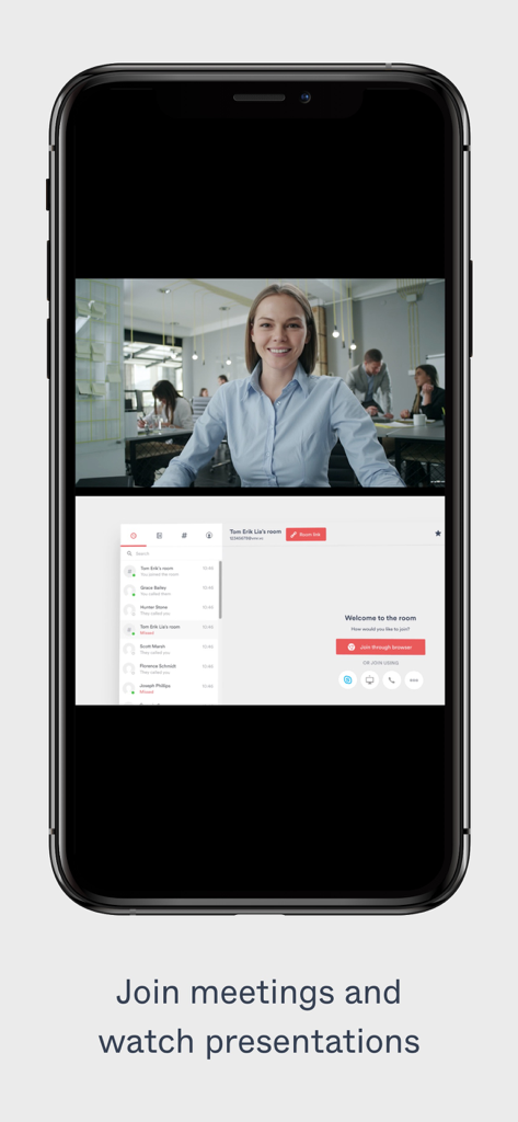 Pexip (My Meeting Video) - Interface of Pexip app on iPhone displaying a split screen with a video meeting and a presentation.