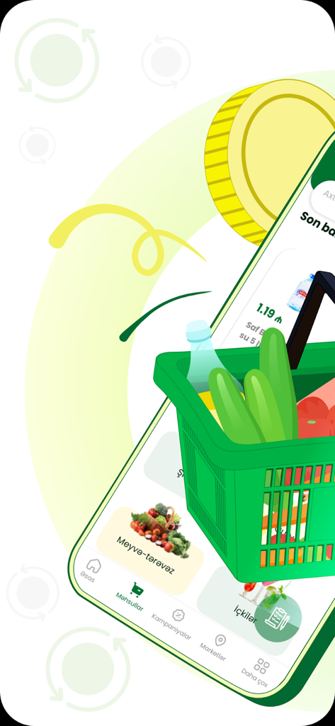 신선한 채소와 생수가 담긴 녹색 쇼핑 바구니가 OBA 마켓 앱 인터페이스 위에 겹쳐져 있습니다.
