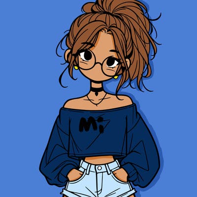 girl with a messy ponytail glasses a baggy crop top and jean shorts