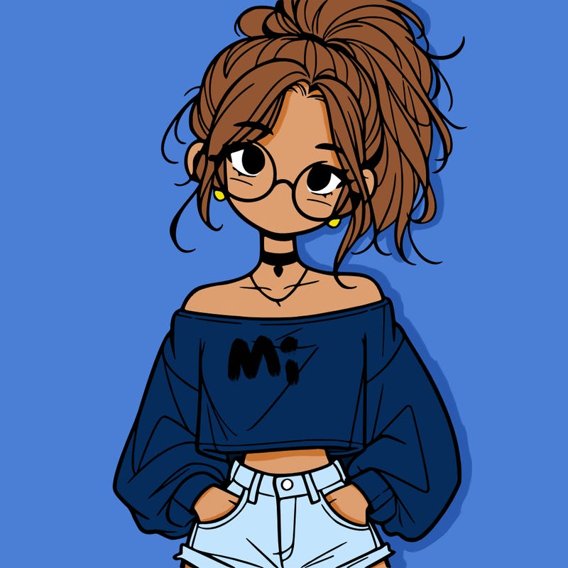 girl with a messy ponytail glasses a baggy crop top and jean shorts