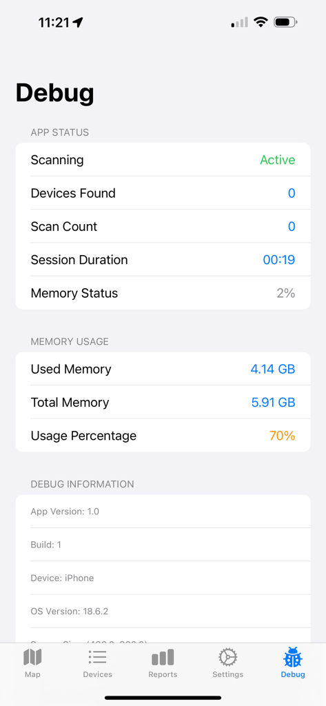 RF Aware - RF Aware app debug interface showing scanning status and memory metrics