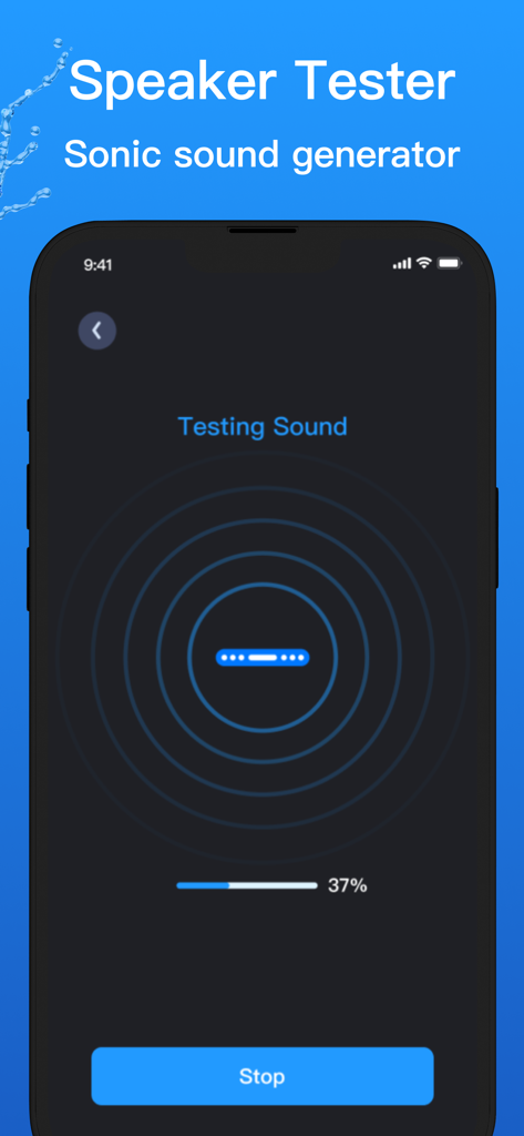 Clear Sound: Speaker Cleaner - Interfaz de la aplicación Clear Sound que muestra la pantalla del Probador de Altavoces con un generador de sonido sónico y una barra de progreso