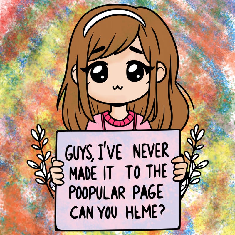 a girl holding up a sign that says, guys, i’ve never made it to the popular page, can you help me?