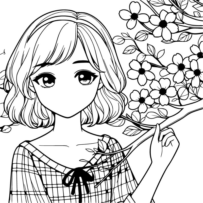 realistic girl next to dog wood tree.