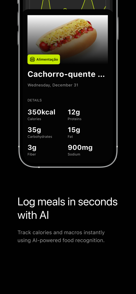 Trackie app interface showing a logged hot dog meal with calories and macronutrient details using AI food recognition