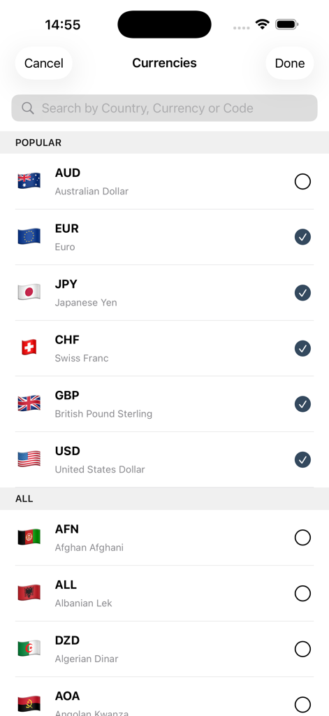 RateX AI: Currency Converter - 人気の世界の通貨とその国旗が表示された通貨選択画面