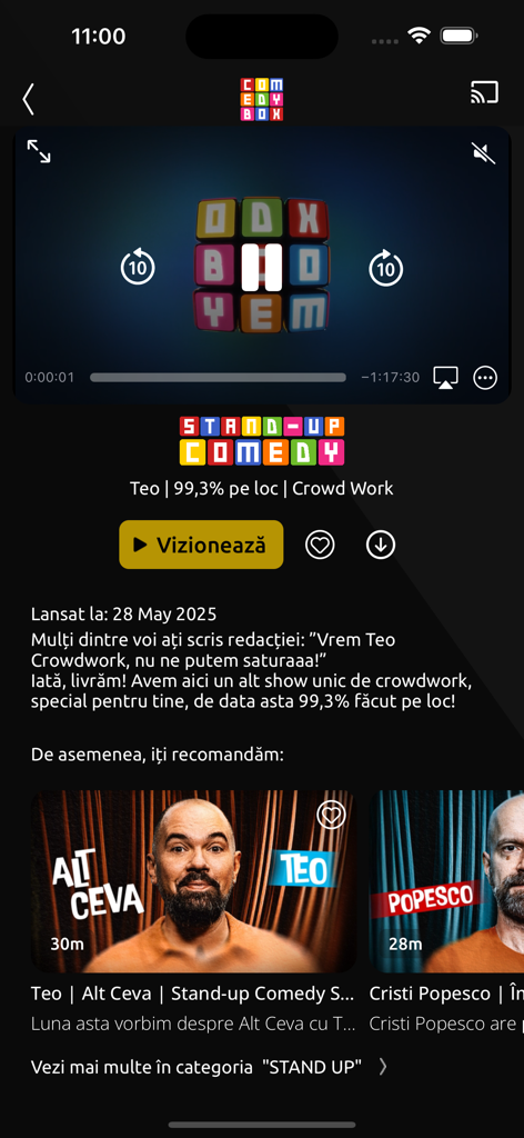 Comedy Box - Interface of the Comedy Box app showing a video player for a stand up comedy special and recommended content.