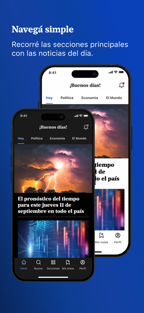 Dos smartphones mostrando la interfaz de la aplicación de noticias de LA NACION en modo claro y oscuro con categorías de política y economía.