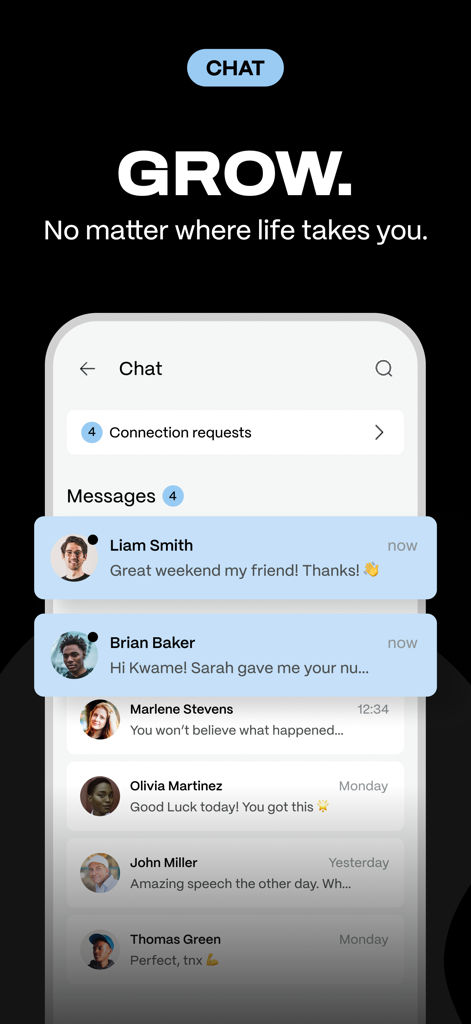 NewForm: Recovery & Wellbeing - NewForm app chat interface showing messages and connection requests from a supportive recovery community.