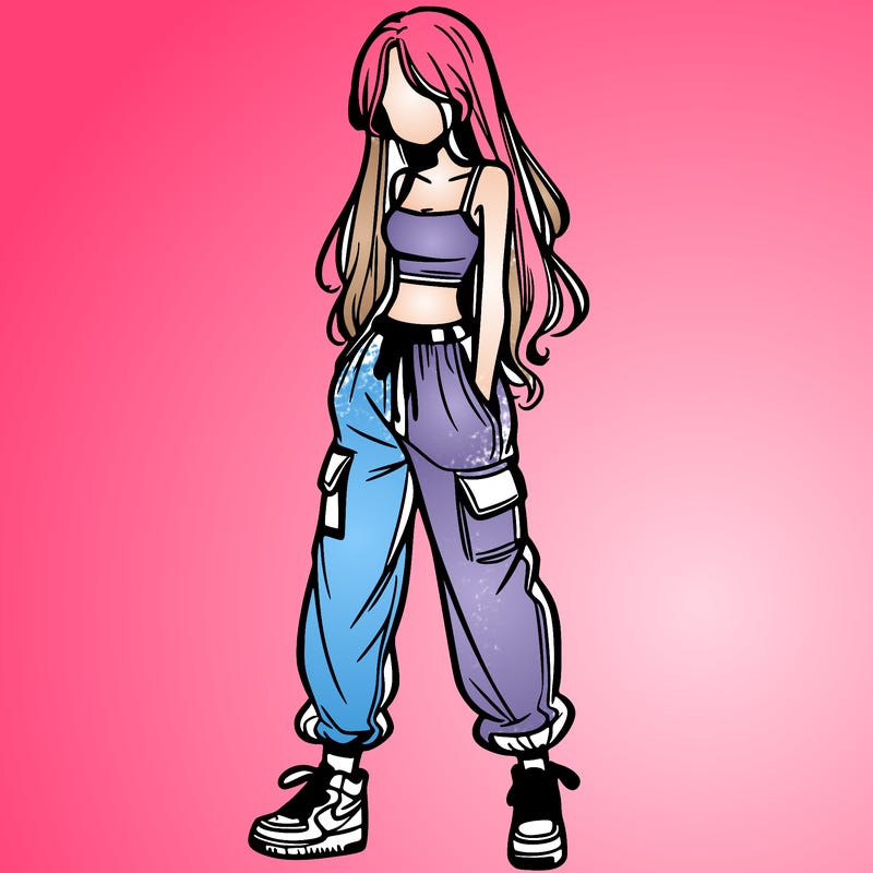 girl in baggy pants crop top and long hair