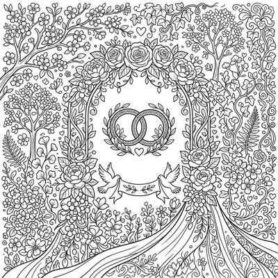 Immerse yourself in the beauty of love with this exquisite botanical wedding arch coloring page. Featuring delicate rings, graceful doves, and a lavish array of flowers, it's perfect for celebrating special moments.