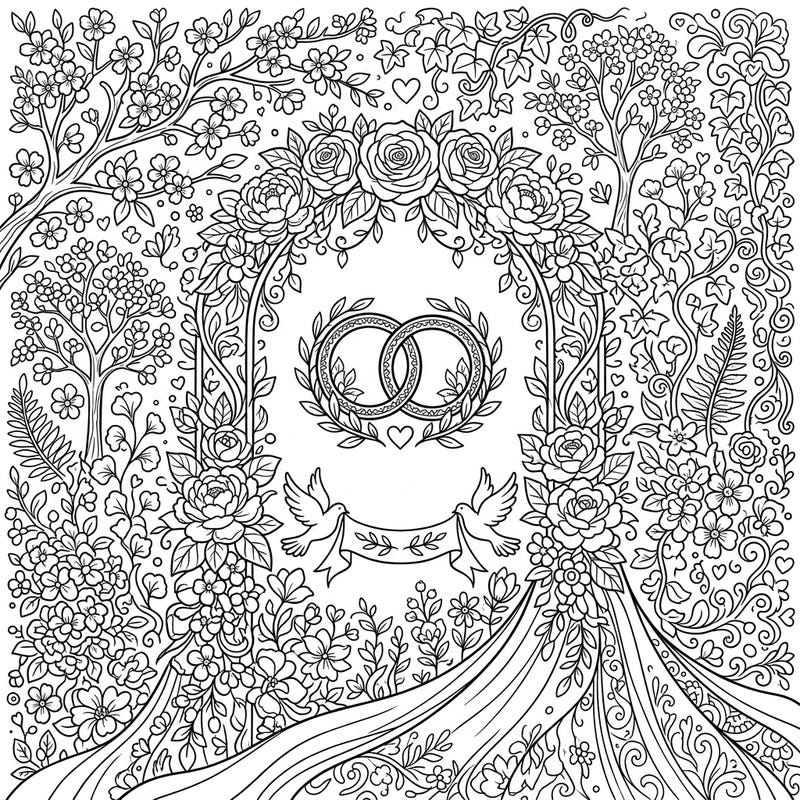 Immerse yourself in the beauty of love with this exquisite botanical wedding arch coloring page. Featuring delicate rings, graceful doves, and a lavish array of flowers, it's perfect for celebrating special moments.