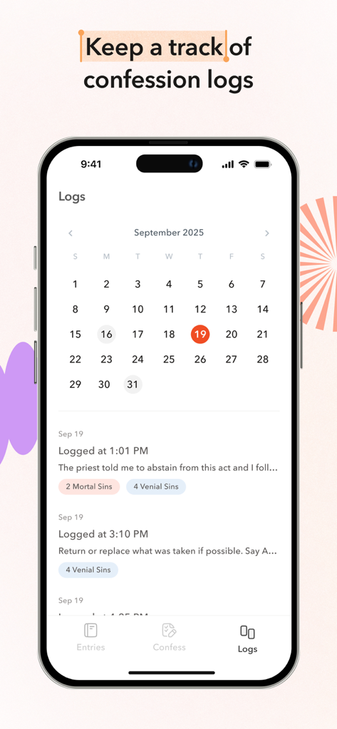 A mobile screen showing the Catholic Confession Journal app with a calendar and detailed logs of confession entries including mortal and venial sins.