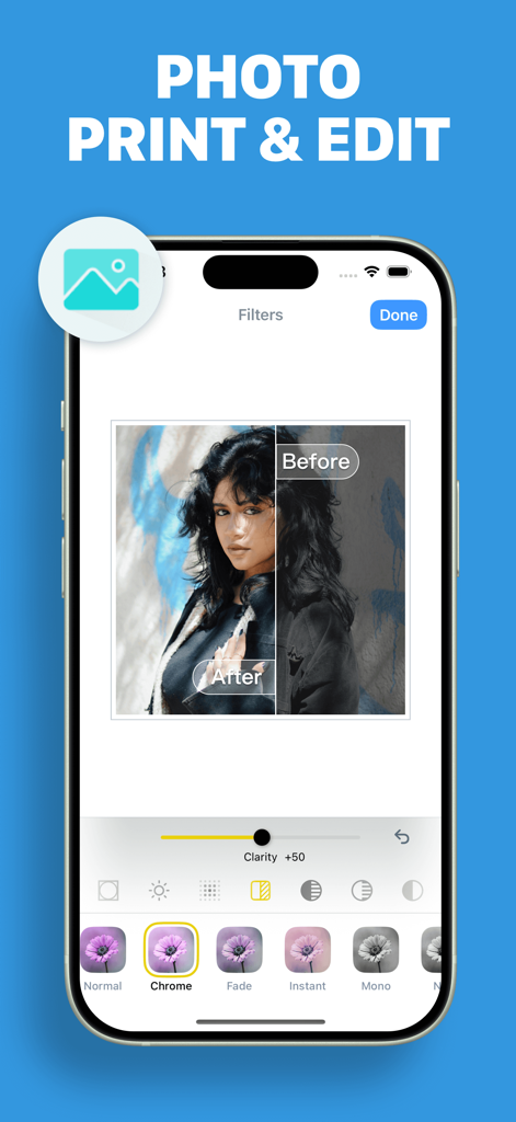 Smart Printer App · Air Print - Interfaccia dell'App Smart Printer che mostra le funzionalità di modifica delle foto con filtri e regolazioni della nitidezza
